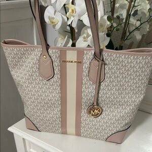 Michael Kors Cream and Pink Monogram Tote